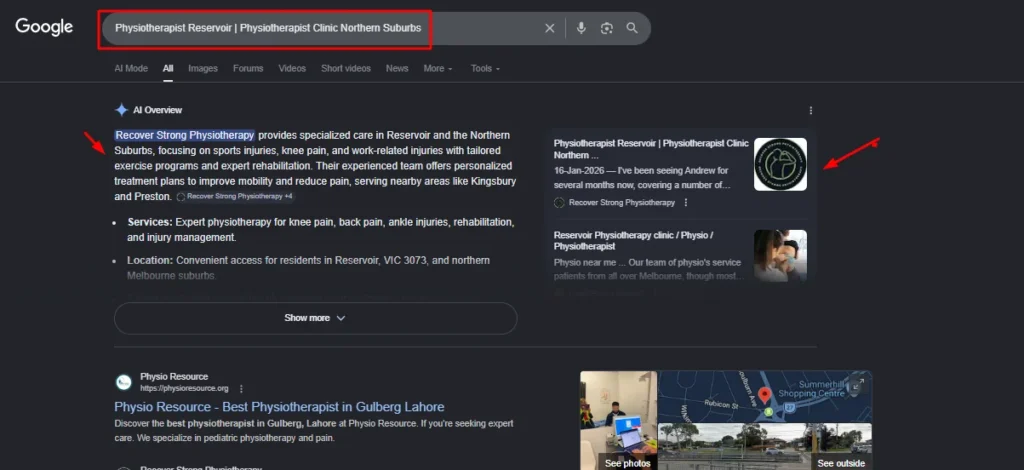 Google search results for Physiotherapist Reservoir showing an AI Overview for Recover Strong Physiotherapy and local clinic listings.