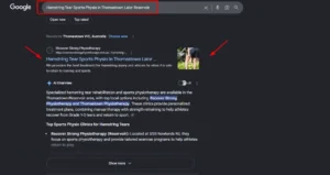 Google search results for Hamstring Tear Sports Physio in Thomastown Lalor Reservoir featuring Recover Strong Physiotherapy and an AI Overview for injury rehabilitation.