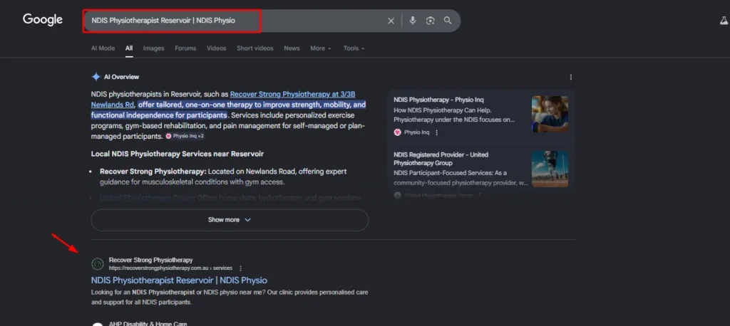 Google search results for NDIS Physiotherapist Reservoir showing Recover Strong Physiotherapy as a local NDIS registered provider with gym-based rehabilitation services.
