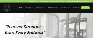 Recover Strong Physiotherapy website header featuring the slogan "Recover Stronger from Every Setback" over a gym background with clinic contact details in Reservoir, Victoria.