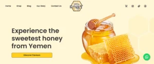 Little Honey UK homepage banner featuring a glass jar of honey and fresh honeycomb with the text Experience the sweetest honey from Yemen and a Discover Flavours button.