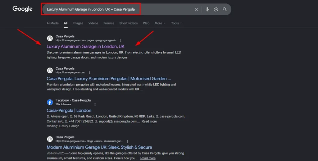Google search results for 'Luxury Aluminum Garage in London, UK' showing top ranking for Casa Pergola.