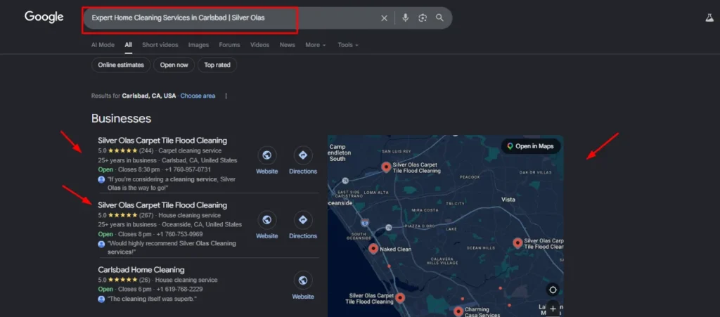 Google Search results showing Silver Olas Carpet Tile Flood Cleaning with top 5-star ratings and a service area map for Carlsbad and Oceanside.