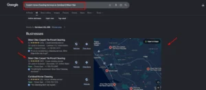 Google Search results showing Silver Olas Carpet Tile Flood Cleaning with top 5-star ratings and a service area map for Carlsbad and Oceanside.
