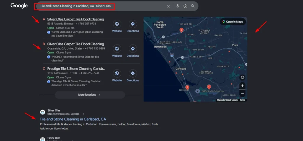 Google Search results for tile and stone cleaning in Carlsbad, CA, showing Silver Olas Carpet Tile Flood Cleaning in the top map rankings and organic search results.