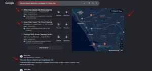 Google Search results for tile and stone cleaning in Carlsbad, CA, showing Silver Olas Carpet Tile Flood Cleaning in the top map rankings and organic search results.