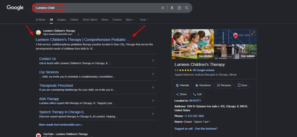 Google search results showing Lumiere Children's Therapy in Chicago, featuring their website listing and Google Business Profile with 5-star reviews.