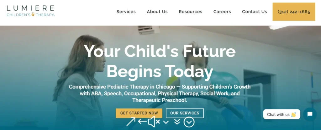Lumiere Children's Therapy website homepage header featuring pediatric therapy services in Chicago, including ABA, Speech, Occupational, and Physical Therapy.