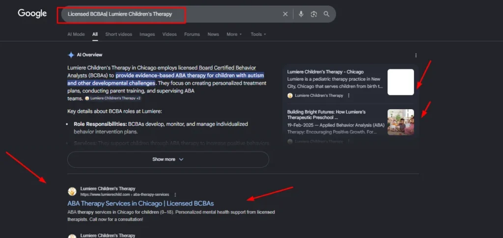 Google Search AI Overview for Lumiere Children's Therapy highlighting licensed BCBAs and evidence-based ABA therapy services in Chicago.