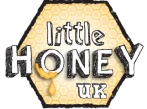 Little Honey UK logo featuring hand-drawn style typography on a golden honeycomb background.