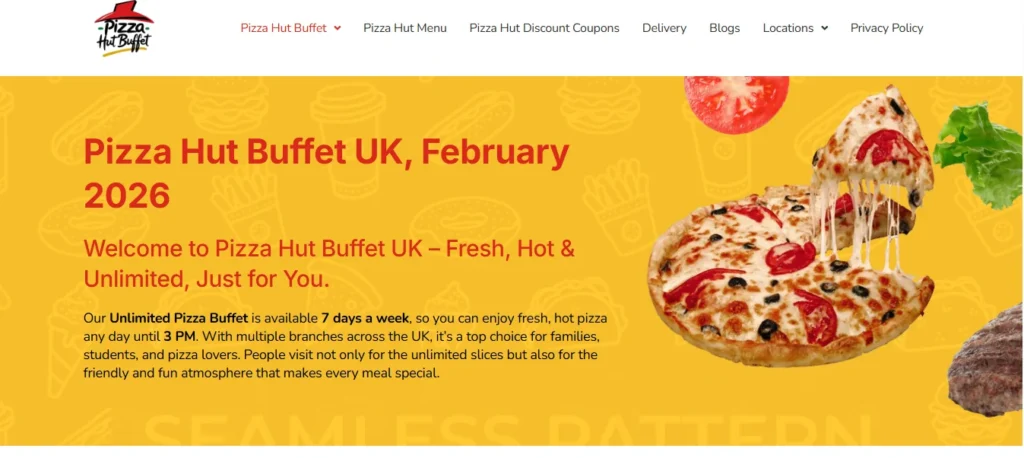 Pizza Hut Buffet UK February 2026 deal offering fresh hot and unlimited pizza slices for families and students.