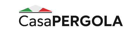 CasaPERGOLA logo featuring a stylized Italian flag roof icon above black sans-serif typography.