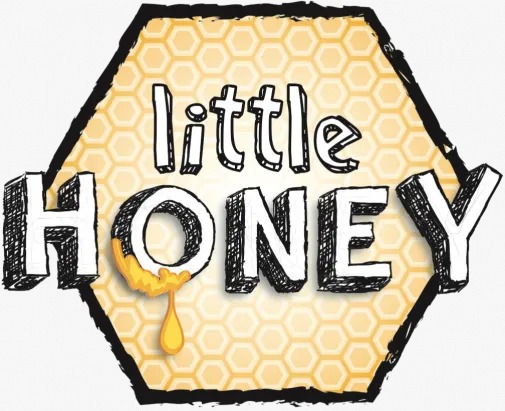 Little Honey Singapore logo featuring hand-drawn style typography on a golden honeycomb background.
