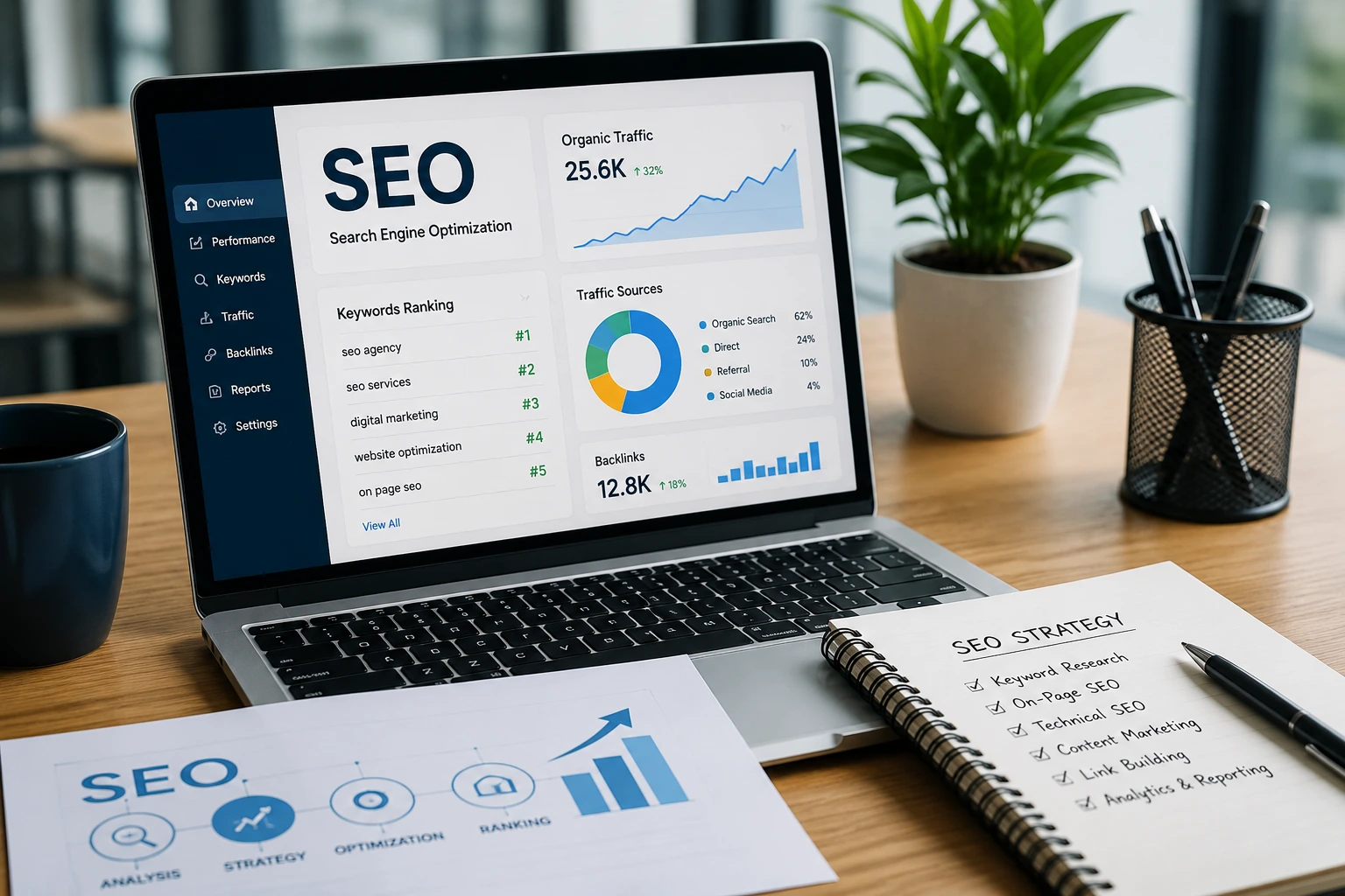 SEO strategy notebook beside a laptop showing performance report for SEO agency Pakistan.