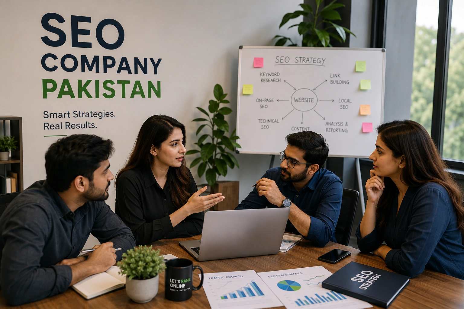 Team discussing strategy near whiteboard for SEO company in Pakistan.