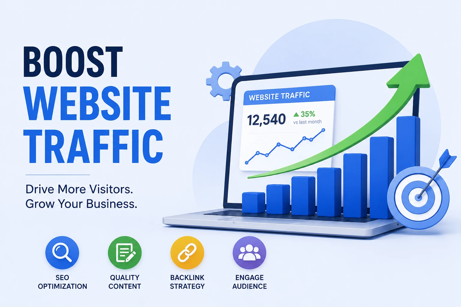 Boost website traffic with SEO, quality content, backlinks, and audience engagement strategies.