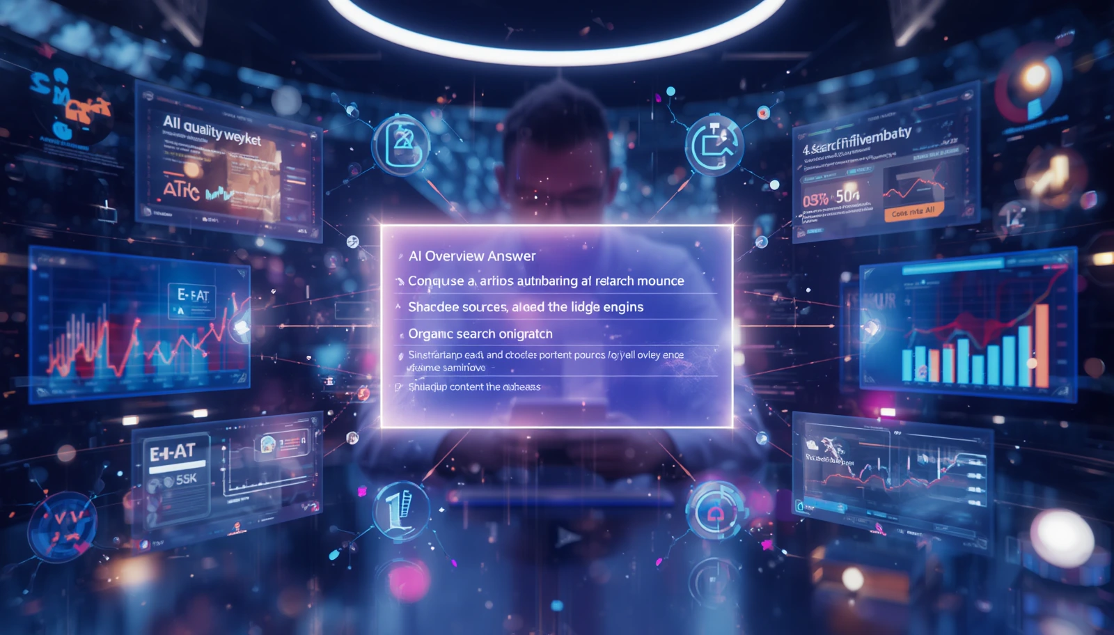 AI Overview SEO concept showing Google AI search results, E-E-A-T, and organic optimization.